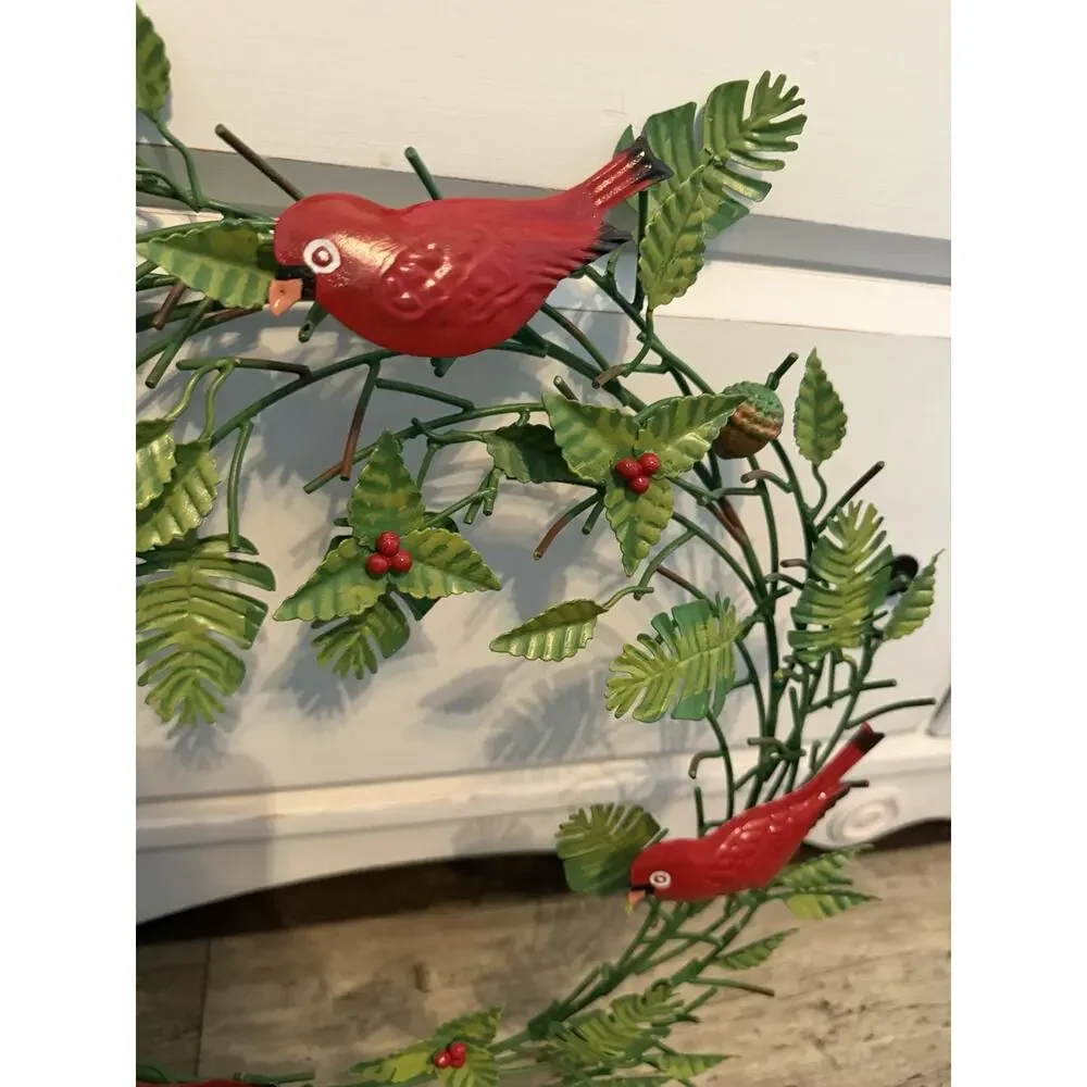 Vintage Metal Cardinal Wreath Wall Decor Red Birds Green Leaves Rustic 18”